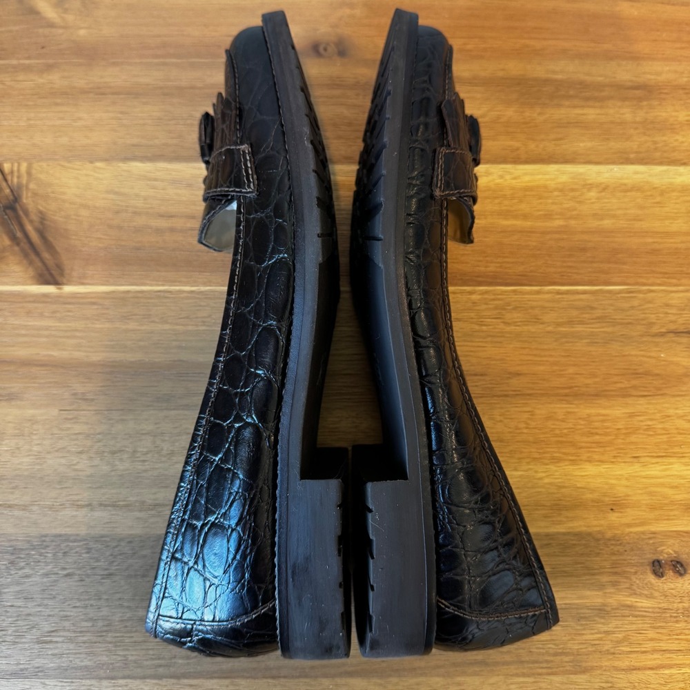 Talbots Women 9 Dark Brown Croc Embossed Leather Tassel Loafers Low Heel Shoes - Picture 5 of 14